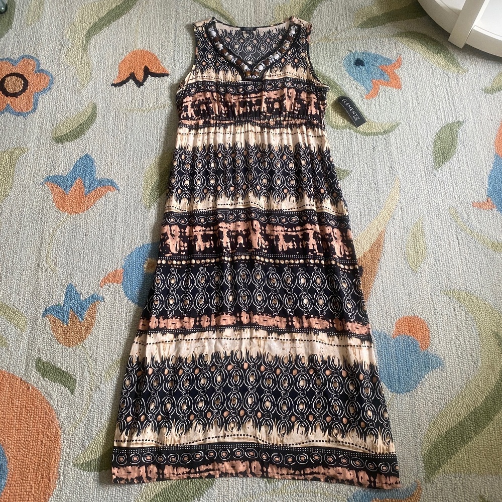 Elementz I Sleeveless Maxi Beaded V-Neck Tribal Print Dress